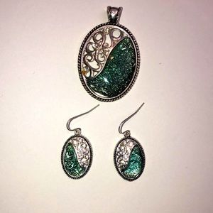 Custom costume silver & turquoise pendant &!earrings
